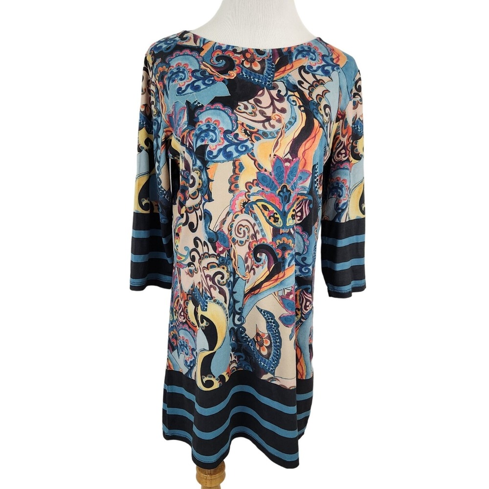 Mely New York Tunic Dress Womens Medium Multicolor Paisley Striped Border Knit